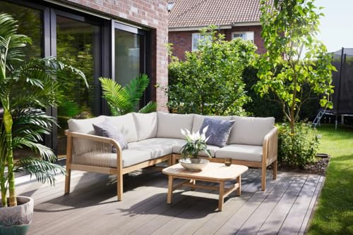 Primaster Gartenmöbel Set Leros 5 Personen Lounge Sitzgruppe Ecksofa Akazienholz Terrasse 3-TLG Beige Braun