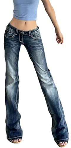 Sawmew Pantalones Vaqueros Elásticos de Tiro Bajo con Corte Acampanado para Mujer en Azul Retro Lavado Pantalones Largos Ajustados Vaqueros Acampanados Desgastados Y2K con Bolsillo