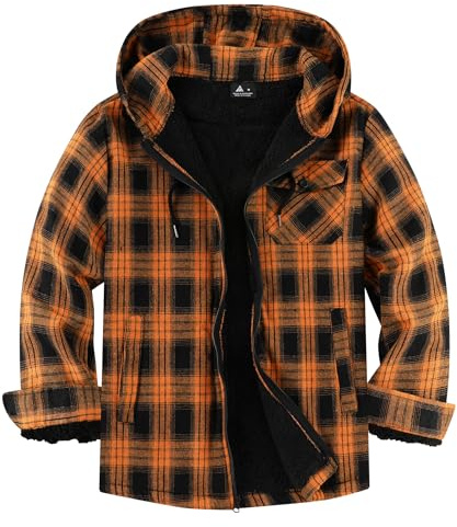 JACKETOWN Holzfällerjacke Herren Gefüttert Hemdjacke Herren mit Kapuze Kariertes Jacke Männer Reißverschluss Flanelljacke Sherpa Jacke Trekking Winterjacke Thermohemd Outdoor(Schwarz Orange M)