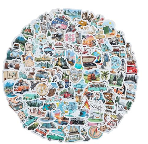 XLIUAX 100 Pcs Watercolor Outdoor Travel Stickers, Vintage Hiking Adventure Camping Laptops Decals Waterproof Scrapbooking Stickers for Water Bottle Luggage Bicycles Notebooks Guitar Helmets
