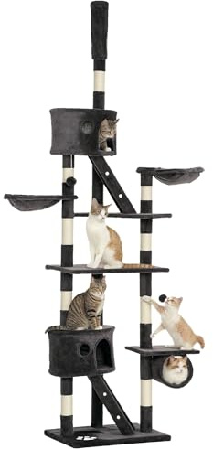 PawHut Tiragraffi per Gatti a Soffitto con Altezza Regolabile 240-260 cm, Albero Tiragraffi per Gatti Multilivello con Cucce, Amache e Scale, Corde in Sisal, Grigio