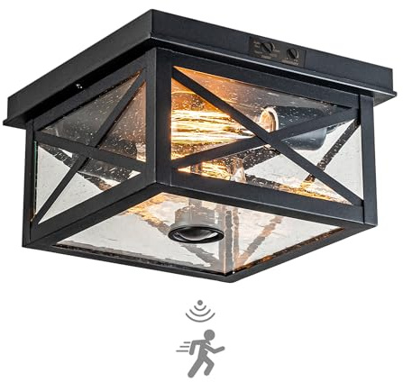 FTL Motion Sensor Ceiling Light Outdoor, Upgraded Dusk to Dawn, Black Flush Mount Porch Light with Seeded Glass, Adjustable Sensor 2-Light Close to Ceiling Light Fixture for Patio, Farmhouse, Garage