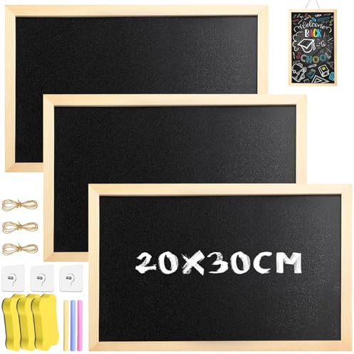 Amentalove 3 Stück Kreidetafel mit Holzrahmen 30 x 20 cm, A4 Kreidetafel zum Aufhängen mit 3 Schwamm 3 Haken, Blackboard Kinder, Klein Schiefertafel Aufhängen für Kinder, Restaurants, Schulen, Partys