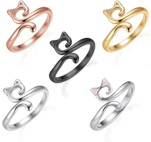 NZVQH 5 Stück Häkelring Verstellbar im Katzen Design, Metall Strickfingerhut für Finger, Fadenführer für Wolle und Garn, Buntes Strickzubehör Set für Anfänger und Profis beim Häkeln