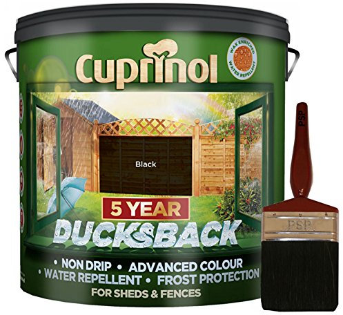 New 2018 Cuprinol Ducksback Shed & Fence Paint 9 Litre BLACK. Non Drip, Water Repellent and Frost Defence. Protection for 5 Years. Includes PSP 4” fence application woodcare brush.