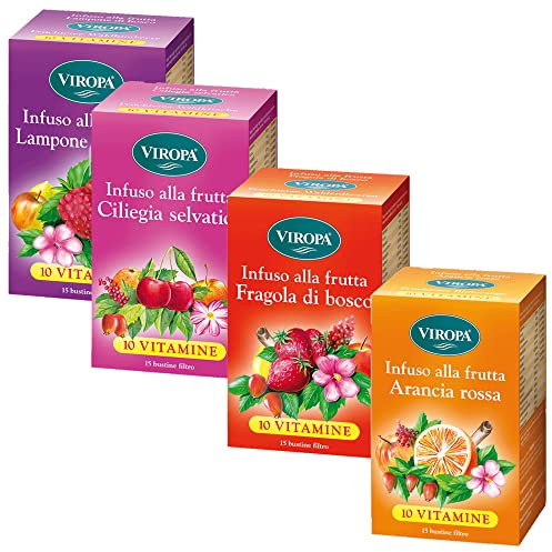 Viropa - Pacchetto Energy Plus Supervitaminico, Ciliegia Selvatica, Fragola Di Bosco, Lampone Di Bosco, Arancia Rossa + In Omaggio Tisana Alle Erbe Tisaniamo- 4 Confezioni Da 15 Filtri