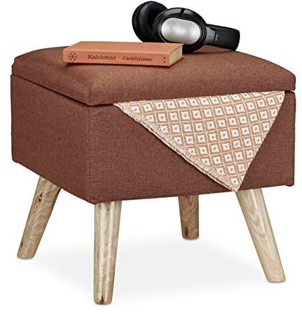 Relaxdays, braun Hocker mit Stauraum, Kunstleinen-Bezug, gepolstert, Holzbeine, Fußhocker mit Deckel, HBT: 40x40x40 cm, Holz, 1 Stück