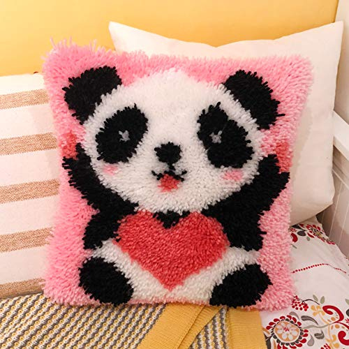 HAPYPando Knüpfkissen zum Selber Knüpfen Set Erwachsene Kinder Vorbedruckt Leinwand All-In-One Set DIY Latch Hook Kits Pillow Cover für Anfänger Profi für Hause Sofa Panda Pink 43x43 cm