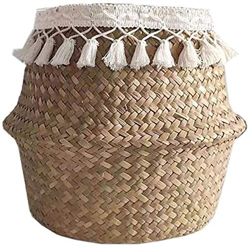 Bprtcra Natural Woven Straw Basket, Foldable Seagrass Belly Basket Laundry Storage Plant Pot Nursery Cosmetic Storage Bag, Multipurpose, Decoration