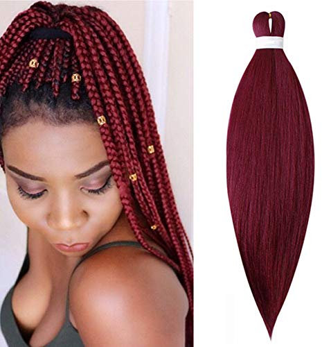 65cm Extensiones de Pelo Sintético para Trenzas Africanas Braiding Twist Crochet Hair EZ Trenzado Yaki Profesional Cabello Pre Stretched Braiding Hair Postizo 1 Piezas, Vino tinto