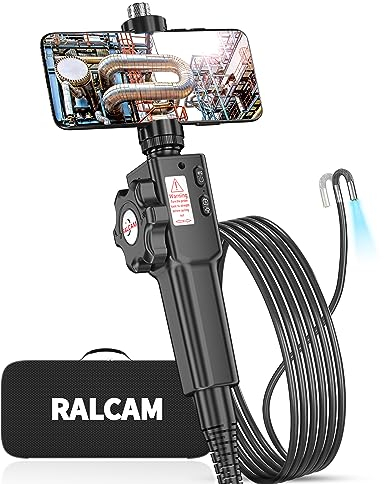 Ralcam Telecamera Endoscopica Endoscopio Industriale - Sonda Telecamera 720p 5.5mm Boroscopio Snake a 180° a due vie, 1m Cavo Semirigido 6 luci LED Regolabili, per iOS Android Smartphone