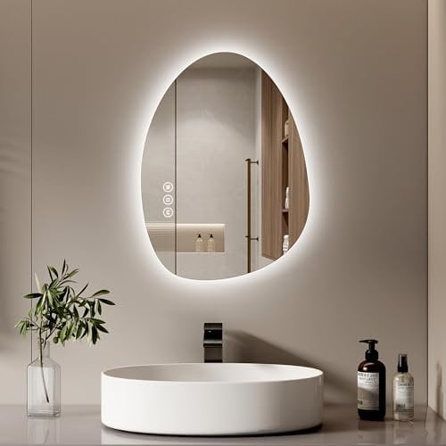 S'AFIELINA Bathroom Mirror with LED Lights 60 x 45 cm Asymmetrical LED Bathroom Mirror with Smart Touch Switch, 3 Colors Dimmable Light, Anti-Fog, Memory Function Wall Mounted Vanity Mirror