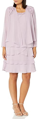S.L. Fashions Women's Mother of The Bride Tiered Jacket Dress with Shoulder Embellishment (Petite and Regular Sizes) Special Occasion, Lavender Frost, 14