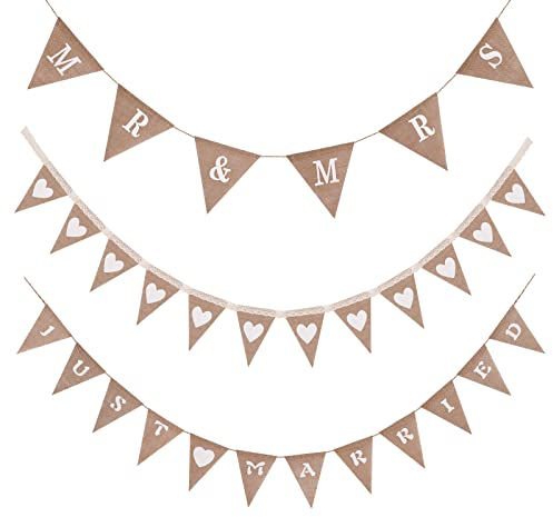 SUNNEY 3 Stück hochzeitsdeko Wimpelkette Girlande, Just Married Girlande hochzeitsdeko Vintage Herz Hessischen Girlande Mr Mrs Jute Bunting Banner für Hochzeit Braut Verlobung Dekoration