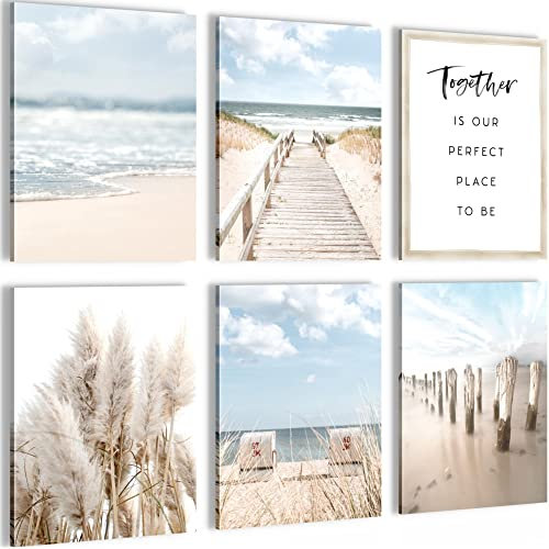 Novart Wandbilder - KEIN EXTRA RAHMEN BENÖTIGT - Wohnzimmer Schlafzimmer - Bilder Modern Strand Meer Boho - Blau Beige - N007865a