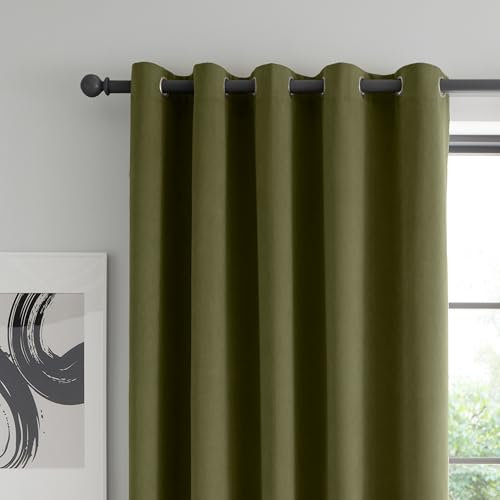 Catherine Lansfield Wilson Velvet Blackout Thermal 46x54 Inch Eyelet Curtains Two Panels Olive Green