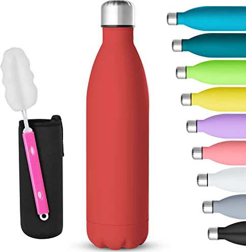 GeeRic Bouteille d'eau en Acier Inoxydable, Bouteille d'eau en Métal à Double Paroi Isolée sous Vide 12 Heures Chaudes et 24 Heures Boissons Froides Bouteilles 750 ML/17 Oz Matte ROUGE CERISE