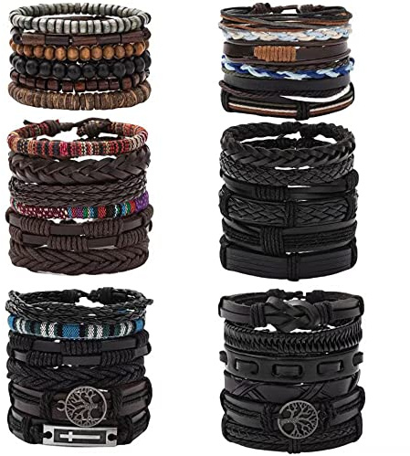 MOZAKA 36Pcs Braided Leather Bracelets for Men Women Handmade Wrap Woven Cuff Bracelets Wooden Beaded Bracelets Vintage Ethnic Tribal Wristbands Bracelet Set Adjustable