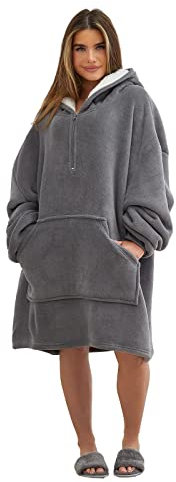 Sienna Half-Zip Up Coral Fleece Sherpa Lined Hoodie Blanket Womens Super Soft Plush Oversized Wearable Jumper Throw, Charcoal Grey