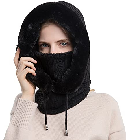 WANYI 2 in 1 Winter Mütze für Damen Wintermütze Strickmütze mit Schal Warme Mütze Kreis Schal Set Winddichte Balaclava Sturmhaube mit Fleecefutter (76 Schwarz)