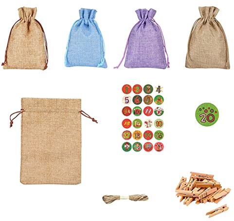 24 Adventskalender zum Befüllen Jutesäckchen Adventskalender Für Männer Frauen Kinder Leinen 1-24 Weihnachten Advent Muster Tasche Kalender Bundle Geschenk Zuckerwatte Tasche (Multicolor, One Size)