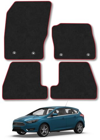Fits Ford Focus (2015-2018) Carpet Car Mats | Red Edge Trim Tailored Fit Floor Mats Full Coverage Protection Accessories Easy Clean Anti Slip Made in the UK