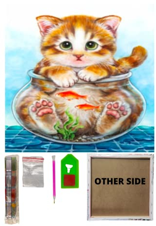 SusggO DIAMOND PAINTING con BASTIDOR INTERIOR de MADERA y Tablero - Set Pintura de Diamantes 30X30cm Diamond Painting Kit completo accesorios DiY 5D Cuadro Manualidades Decoracion Hogar (GATO PECERA)