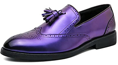 Mocassini da uomo con nappa, mocassini in ecopelle di alta qualità, con zeppa bassa, mocassini piatti per abiti formali e casual, Viola, 42.5 EU