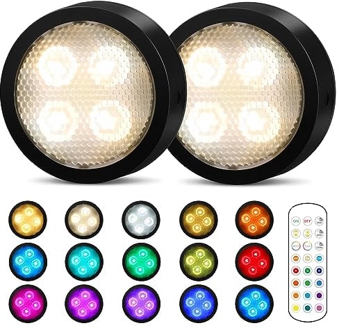 Onumii Under Cabinet Kitchen Lights Battery Powered LED Cupboard Lights, Stick on Wardrobe Wireless Counter RGB Coloured Puck with Remote Control, 2 Pack - Black, (T048)
