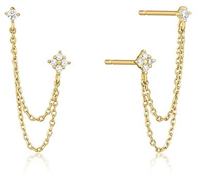 BSLVWG Dangling Earrings,4 Prong CZ Runde Stud mit Kette Manschette S925 Sterling Silber Ohrringe für Frauen Mädchen Knorpel Doppel Piercing Löcher Minimalist Climber Crawler Hypoallergenic (Gold)