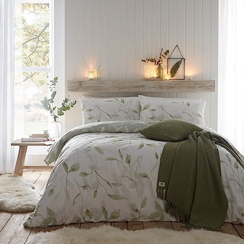Drift Home - Eco Green Plants Duvet Cover - Double Bedding Size (200 x 200cm) - Very Soft Brushed Cotton - Sustainable Recycled Cotton - 2 Pillowcases - Green Floral Duvet Cover - White Bedding