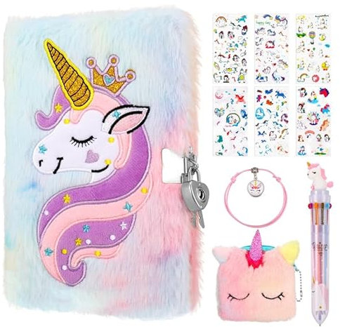 FRIUSATE Unicorn Secret Diary for Girls, Lockable Diary with Lock Plush Notebook Journal Unicorn Gifts for Girls 6-12 Year Old Birthday Presents