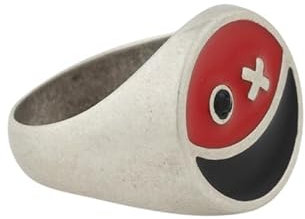 LIQWID Genderfluid Ring für Herren, rot-schwarzer Smiley-Ring mit Antiksilber-Finish, recyceltes Material, in 3 Größen erhältlich - PRODUKT 100% MADE IN ITALY (L)