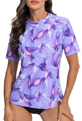 Halcurt Damen Rash Guard UV Shirt Kurzarm UPF 50+ UV Schutz Schwimmshirt Schnell Trocknender Badeshirt Bademode M