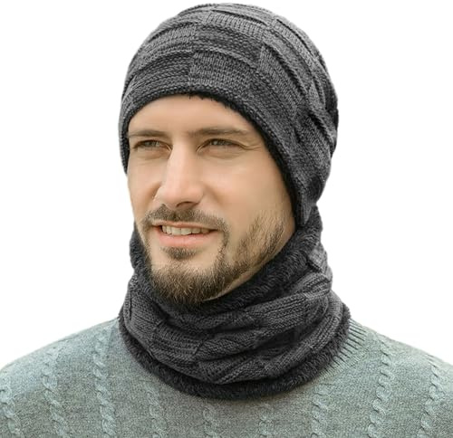 COACOM 1 Wintermütze, 2-in-1-Mütze und Schal-Set, Herrenmütze, Schal, winterwarme Strickmütze, verdickte Plüschmütze, geeignet für Winterwärme im Freien (schwarz)