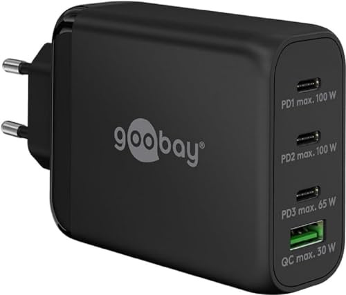 goobay 65555 Multiport Power Delivery USB C 100W Ladegerät/Kompaktes ultraschnelles Netzteil für 4 Geräte/Quick Charge USB Anschluss/Schwarz