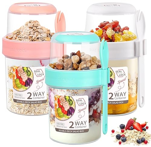 Aenmido 3 Pack Reusable Overnight Oats Container with Lid and Spoon,Yogurt Pots,Fruit Salad Cups,Breakfast Pot Muesli Cup,Travel Food Storage Container(310+560ML)