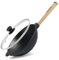Poêle Wok en fonte avec poignée en bois et couvercle en verre Diamètre 26 cm 2,8 l