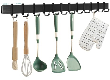 ACIELANNA Support Ustensiles Cuisine sans perçage, Porte Ustensiles Cuisine Mural, Support d'ustensiles de Cuisine Adhésif | 12 Crochets Mobiles | 58cm | Aluminium | Noir