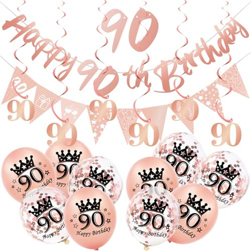 18Pcs Rose Gold 90th Decorations for Her, Triangle Flag Bunting with 90 Hanging Swirls, Balloons for Women's Birthday Party Pack