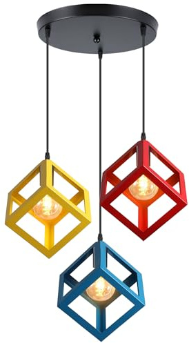 iDEGU 3-flammige Pendelleuchte Vintage Lampenschirm aus Metall Modern Hängelampe mit Geometrischen Würfel Design Kronleuchter E27 Hängeleuchte für Wohnzimmer, Schlafzimmer, Esstisch (Rot+Gelb+Blau)
