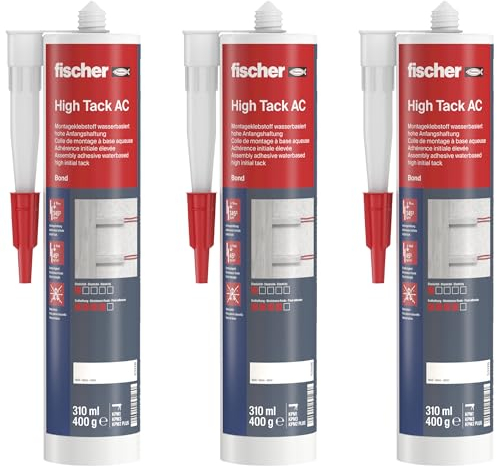fischer High Tack AC Lot de 3 tubes de colle de montage inodore et à base d'eau pour l'intérieur, pour coller des composants et compenser les irrégularités, 310 ml chacun, blanc [Amazon Exclusive]