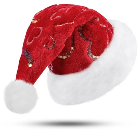 PUZAUKAL Weihnachtsmütze Pailletten Elf,Nikolausmütze Plüsche Erwachsene Unisex,Santa Mütze Extra Weich und Warme, Weihnachtsmann Mütze Für Neujahr Weihnachtsfeier,Herzmuster-Rot