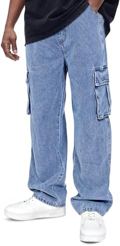 GINGTTO Cargo Hosen Herren Baggy Regular Loose Fit Denim Cargohose Männer Straight Blau Relaxed Schnitt Kordelzug Arbeitsjeans Weitem Street 34