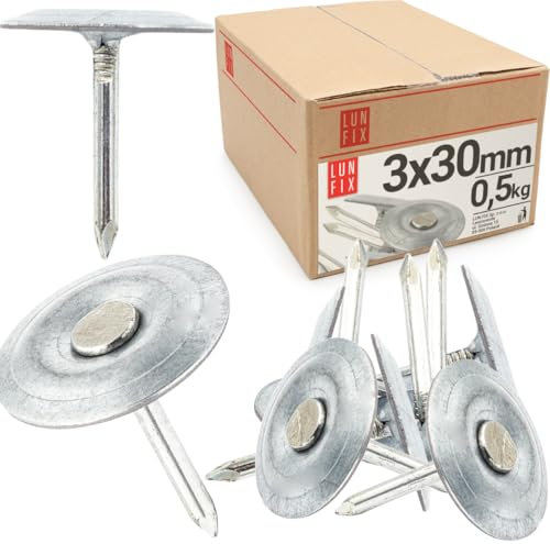 Clous de toiture galvanisés 3x30mm avec rondelle - boîte 0,5kg (env.76 pcs), clou feutre bitumé, shingle, pointe pour toit cabane, abri jardin, maison bois, clous vis et fixations | Lun Fix