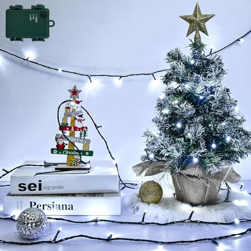 Isisyu Christmas Lights Battery Powered, 3M 30 LED Cold White Fairy Lights Battery Operated Outdoor with Timer, Green Wire Waterproof Christmas Tree String Lights for Wedding Wreath Xmas Decoration