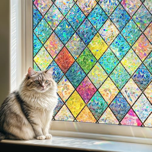 Qualsen Vinilo para Ventana Efecto Arcoiris Vinilos para Cristales Patrón de Rombos Decorativos Electrostática Vinilo Adhesivo Cristal Anti UV Lámina Privacidad Ventana para Hogar 60x200cm
