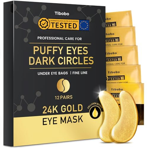 Tibobo 24K Gold Augenpads, 12 Paar Gel Eye Patches, Augenpads Gegen Augenringe Mit Hyaluron & Collagen, Anti Aging Under Eye Pads Gegen Tränensäcke, Falten Und Fältchen, Augen Pads Masken