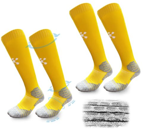FIBOGOUP 2 Paar Fußballsocken Kinder Herren Stutzen - Fußball Stutzen EU 39-44 - Anti-Rutsch Trainingssocke Stutzenstrumpf - Sportsocken für Fußball, Laufen, Training-Yellow-L