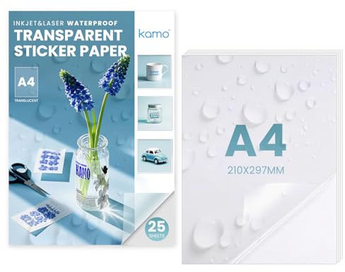 kamo Papel Adhesivo Semi-Transparente Premium Impermeable – 25 hojas/paquete, Etiquetas Autoadhesivas de Vinilo Imprimibles para Impresoras Láser e Inkjet, A4, 210 x 297 mm, 1 por hoja, No Impermeable